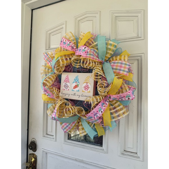 Hanging with My Gnomies Easter Mesh Ribbon Spring Wreath Front Door Hanger, xxx - Picture 7 of 8